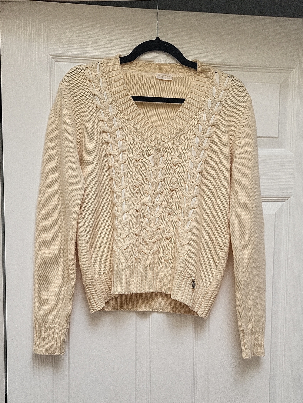 Valentino Cream Cable-Knit V-Neck Sweater for Women